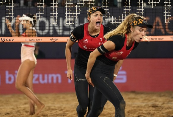 Switzerland&#039;s Tanja Huberli and Nina Brunner react during the Women&#039;s Beach Volleyball gold medal match against Latvia&#039;s Tina Graudina and Anastasija Kravcenoka in the European Champion ...