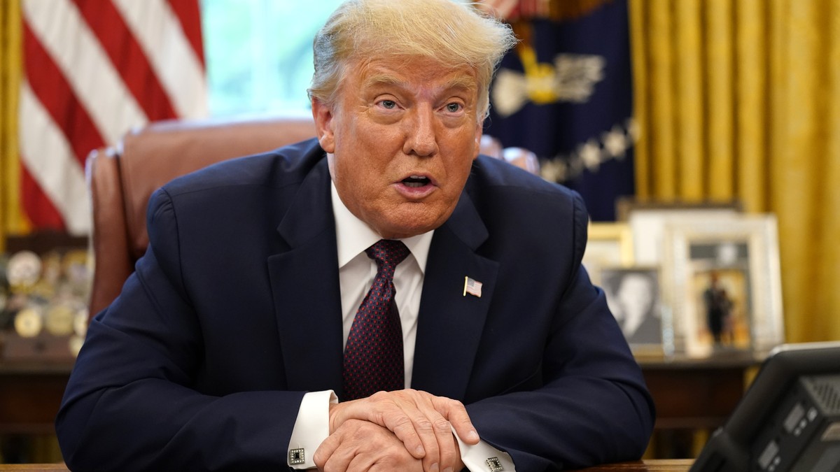 President Donald Trump speaks in the Oval Office of the White House on Friday, Sept. 11, 2020, in Washington. Iran has strongly condemned Bahrain