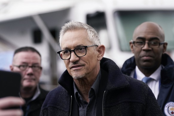 TV broadcaster Gary Lineker arrives at the Etihad Stadium to present live coverage of the FA Cup quarter final soccer match between Manchester City and Burnley, in Manchester, England, Saturday March  ...