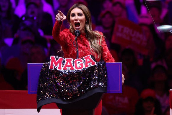 epa11688103 Attorney Alina Habba speaks during a rally held by Republican presidential candidate and former US president Donald Trump at Madison Square Garden in New York, New York, USA, 27 October 20 ...