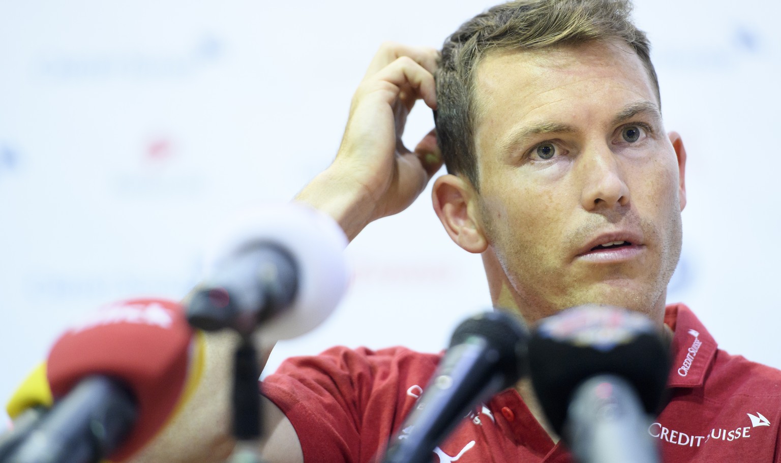 Switzerland&#039;s defender and captain Stephan Lichtsteiner speaks during press conference of the Switzerland&#039;s national soccer team at the Torpedo Stadium, in Togliatti, Russia, Wednesday, July ...