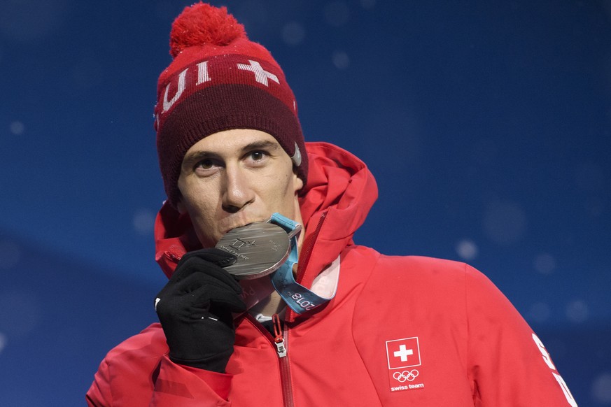 Silver medalist Ramon Zenhaeusern of Switzerland celebrates during the victory ceremony on the Medal Plaza for the men alpine skiing slalom event at the XXIII Winter Olympics 2018 in Pyeongchang, Sout ...