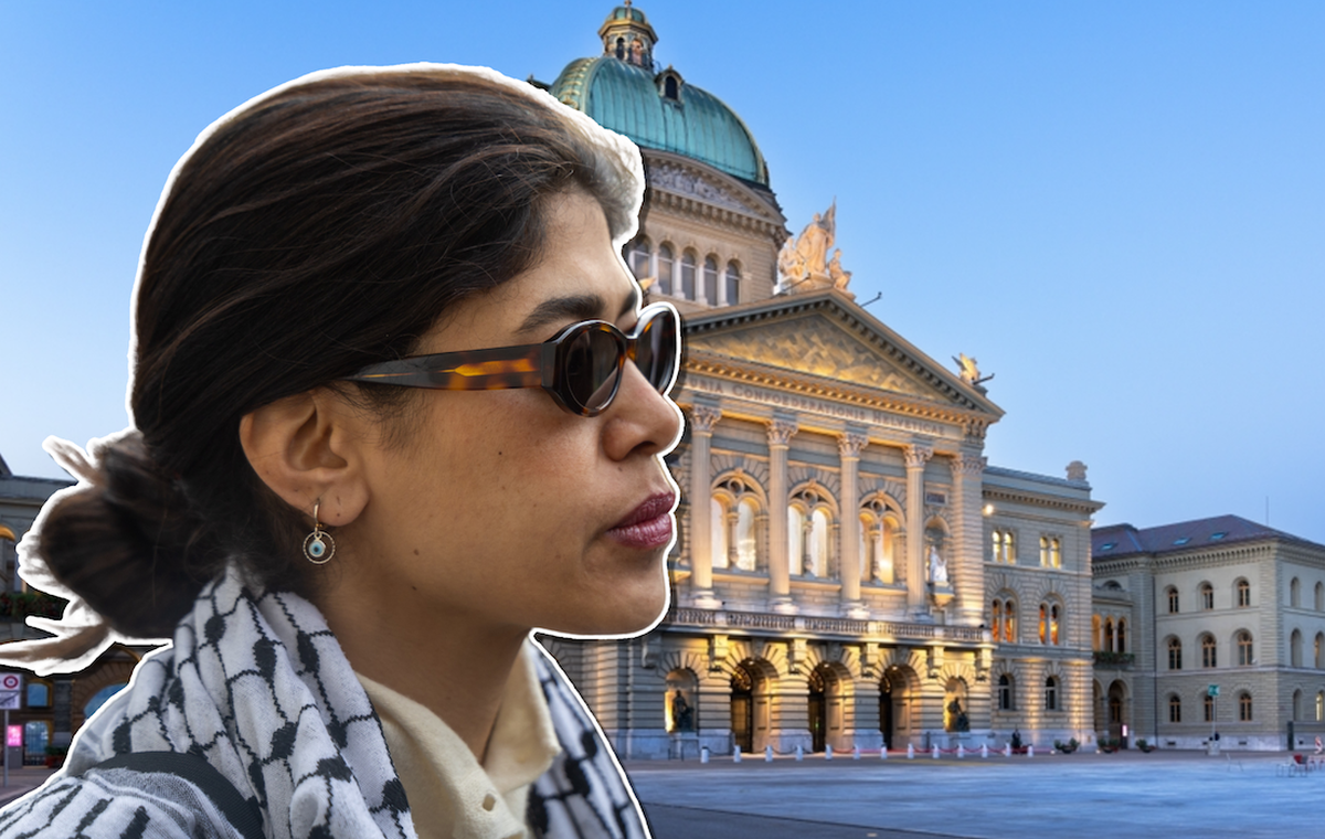 Rima Hassan reporte sa venue à Berne.
