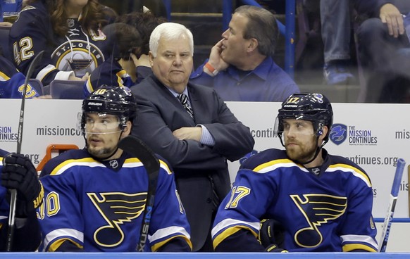 FILE - In this May 17, 2016 file photo, St. Louis Blues head coach Ken Hitchcock watches during the second period in Game 2 of the NHL hockey Stanley Cup Western Conference finals against the San Jose ...