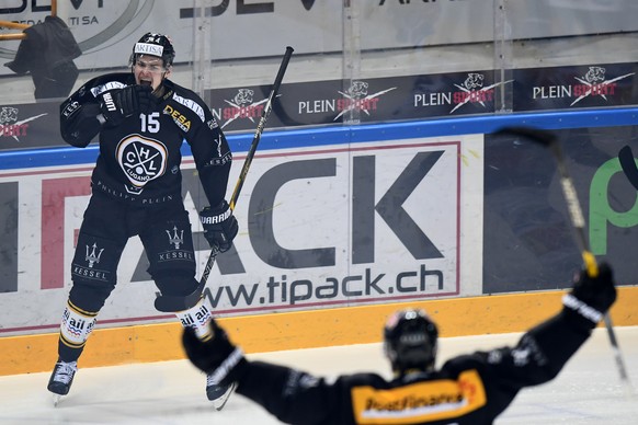 Luganoâs player Gregory Hofmann celebrates the 1-0 goal during the fifth match of the playoff final of the National League of the ice hockey Swiss Championship between the HC Lugano and the ZSC Lion ...