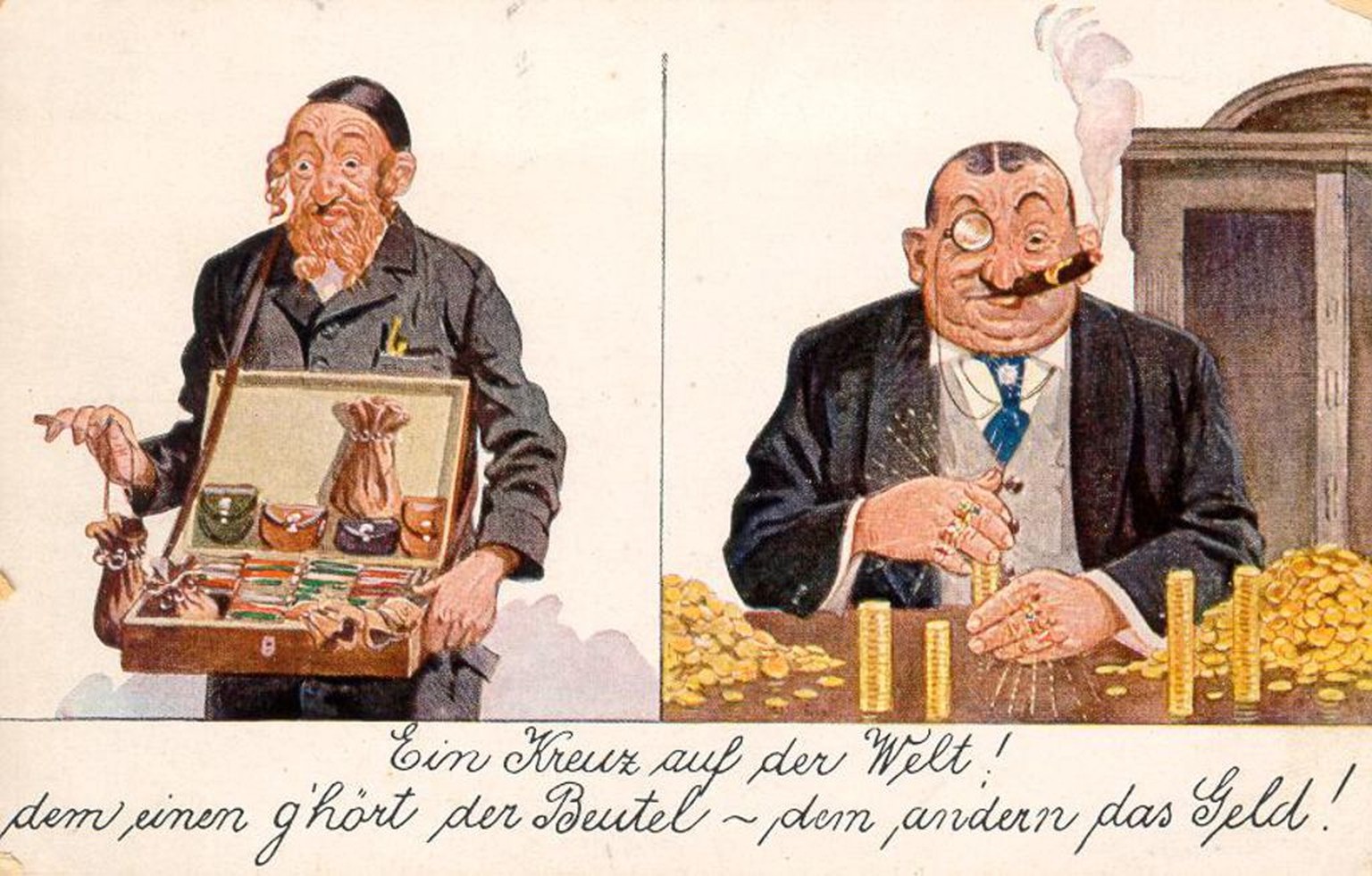 Antisemitische Postkarte, die den Mythos der jüdischen Finanzherrschaft aufgreift, Deutschland, um 1910.