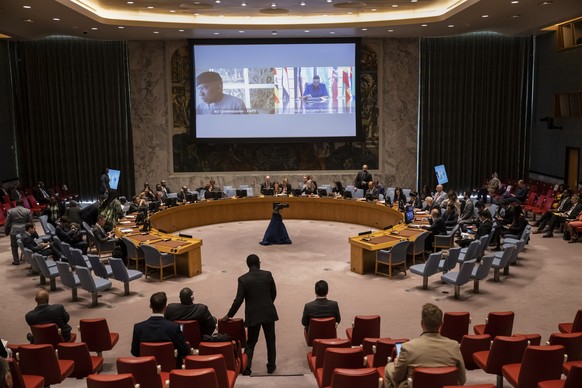 epa10646157 Pascale Baeriswyl (C), Ambassador and Permanent Representative of Switzerland to the United Nations, chairs a UN Security Council UNSC briefing on Sudan, at the UN headquarters in New York ...