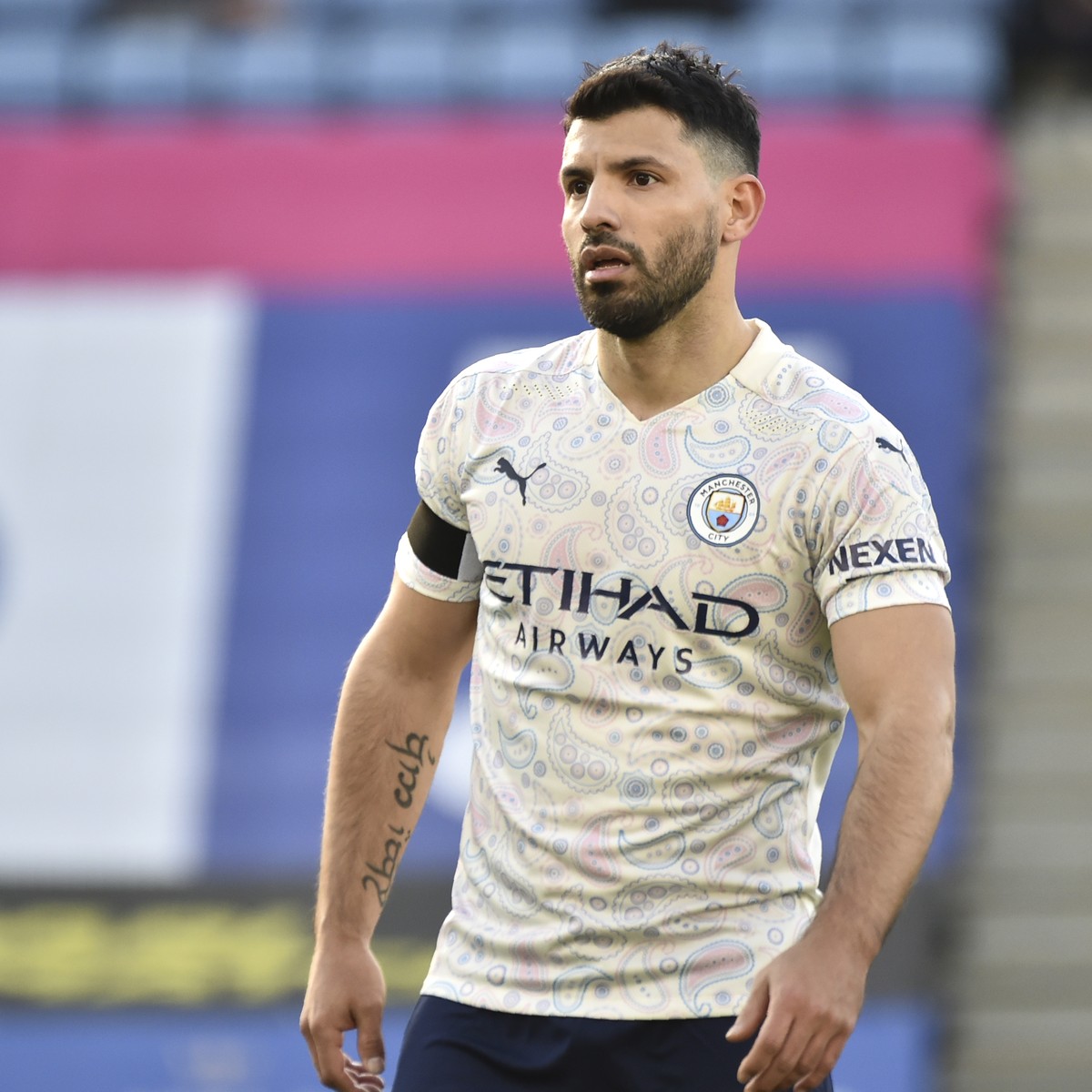 Manchester City's Sergio Aguero during the English Premier League soccer match between Leicester City and Manchester City at the King Power Stadium in Leicester, England, Saturday, April 3, 2021. ...