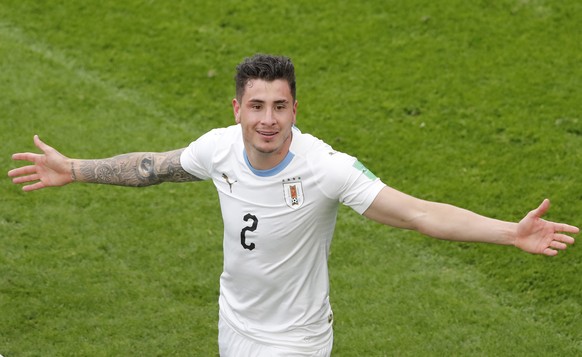 epa06810144 Jose Gimenez of Uruguay celebrates after scoring the 1-0 lead during the FIFA World Cup 2018 group A preliminary round soccer match between Egypt and Uruguay in Ekaterinburg, Russia, 15 Ju ...