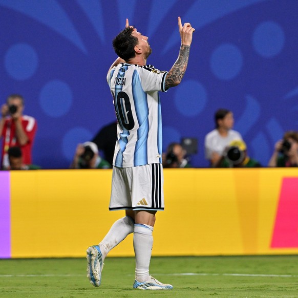 epa13042911 Lionel Messi of Argentina celebrates scoring the 3-0 goal during the FIFA World Cup 2026 group stage match Argentina against Algeria, in Kansas City, Missouri, USA, 16 June 2026. EPA/AMY K ...