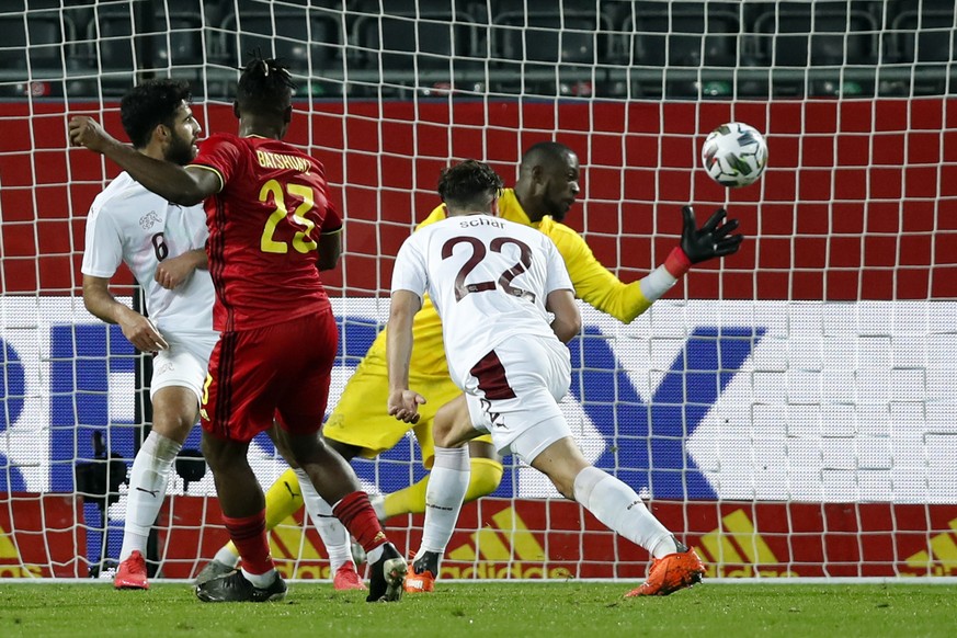 Belgium&#039;s Michy Batshuayi, second left, scores his sides second goal during an international friendly soccer match between Belgium and Switzerland at the King Power stadium in Leuven, Belgium, We ...