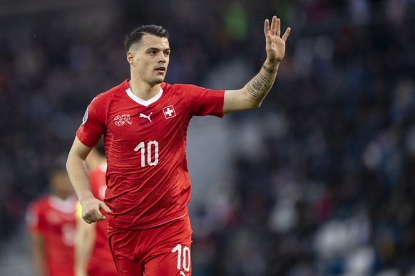 Switzerland&#039;s Granit Xhaka reacts during the UEFA Euro 2020 qualifying Group D soccer match between Georgia and Switzerland at the Dinamo Arena in Tbilisi, Georgia, Saturday, 23 March 2019. (KEYS ...