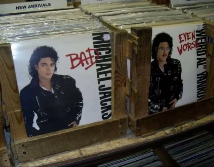 Michael Jackson’s Bad and Weird Al’s Even Worse side by side in 1988 pop meets parody.[1080 x 845]