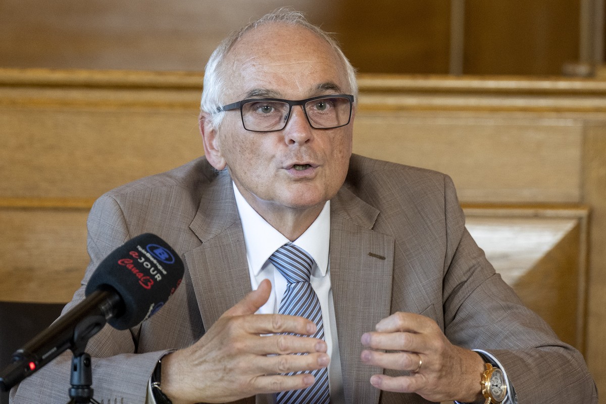 Pierre Alain Schnegg, Regierungsrat Kanton Bern, spricht an einer Medienkonferenz ueber dei Abstimmung des Moutier Konkordat und die Aenderung der Verfassung, am Montag, 19. August 2024, in Bern. Am 2 ...