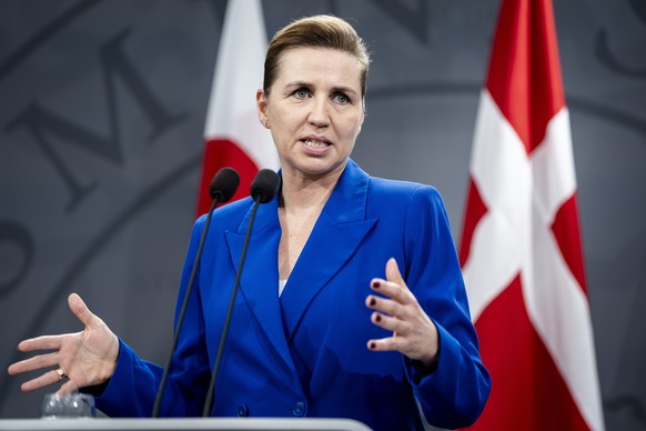 epa11817226 Denmark&#039;s Prime Minister Mette Frederiksen holds a joint press conference with Greenland&#039;s Prime Minister Mute Bourup Egede (not pictured) at the Mirror Hall of Christiansborg Pa ...