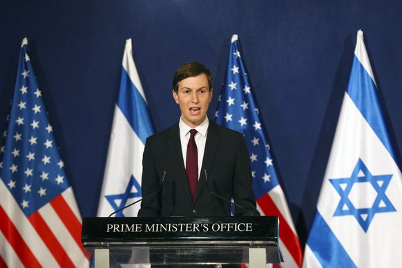 White House senior adviser Jared Kushner speaks during a news conference with Israeli Prime Minister Benjamin Netanyahu in Jerusalem, Monday, Dec. 21, 2020. (Ronen Zvulun/Pool Photo via AP)