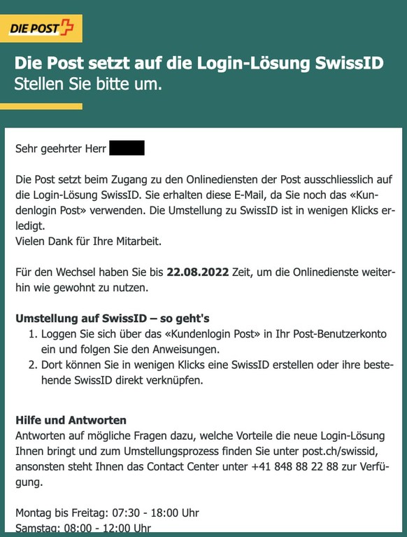 Mail der Post zur SwissID.