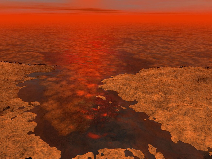 Künstlerische Darstellung von Eisschollen auf einem Methansee auf Titan