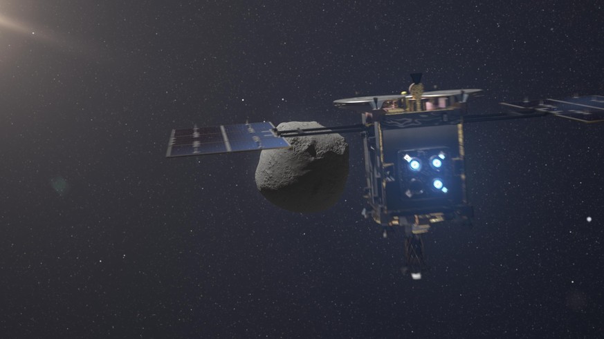 Rendering of JAXA&#039;s Hayabusa2 probe with Earth behind it