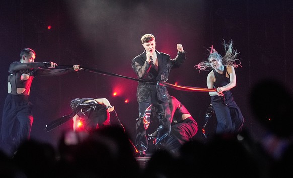 Remo Forrer of Switzerland performs during a dress rehearsal for the first semifinal for the Eurovision Song Contest at the M&amp;S Bank Arena in Liverpool, England, Monday, May 8, 2023. (AP Photo/Mar ...