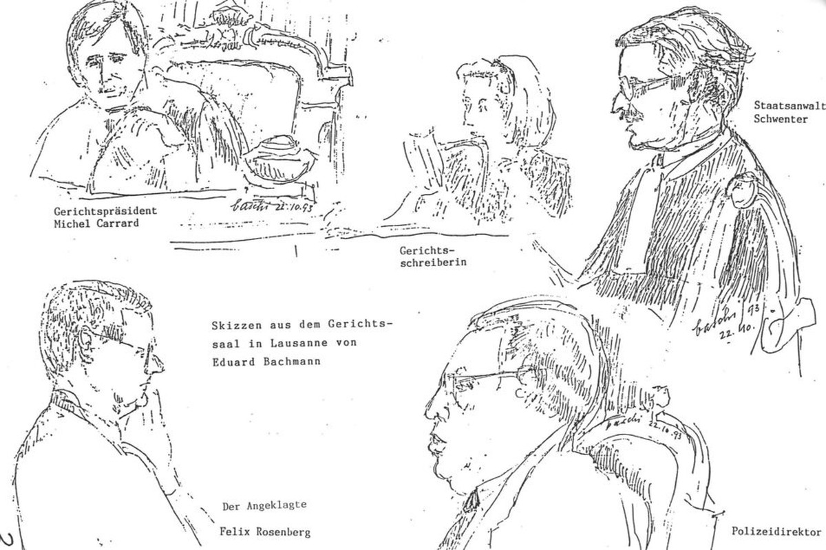 Eduard Bachmann vom christlich gesinnten «Neuen Rütlibund» portraitierte 1993 im Bezirksgericht Lausanne den Angeklagten PTT-Generaldirektor Felix Rosenberg. Quelle: Der Neue Rütlibund (Hg.): Das klei ...