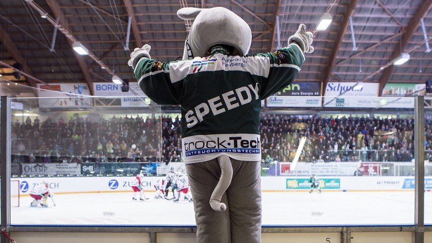 Maskottchen &quot;Speedy&quot; vom EHC Olten waehrend dem Swiss Ice Hockey Cup 1/8 Final zwischen dem EHC Olten und dem EHC Biel-Bienne am Sonntag, 22. Oktober 2017, im Stadion Kleinholz in Olten. (KE ...