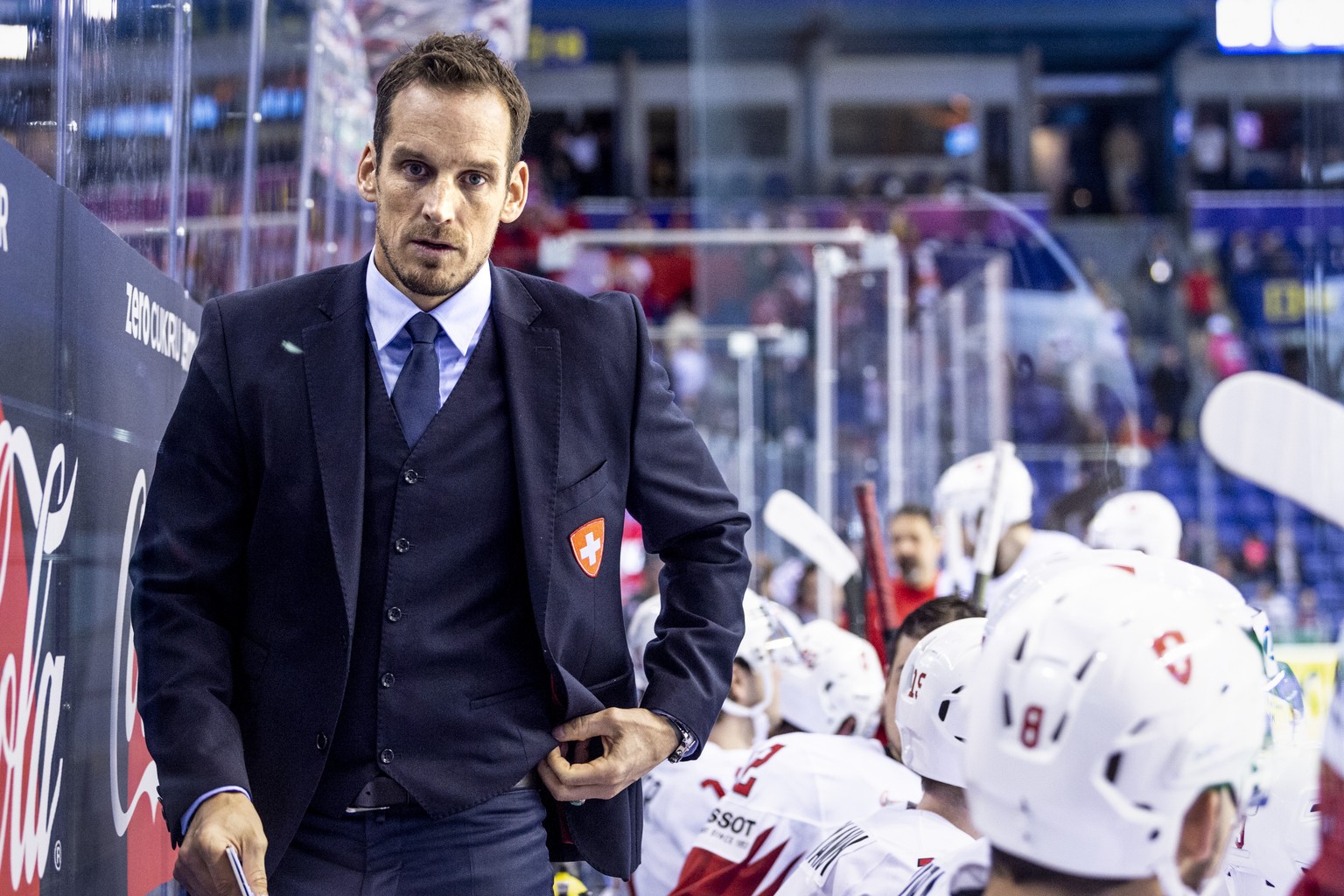 Switzerland`s coach Patrick Fischer during the semi final game between Canada and Switzerland, at the IIHF 2019 World Ice Hockey Championships, at the Steel Arena in Kosice, Slovakia, on Thursday, May ...