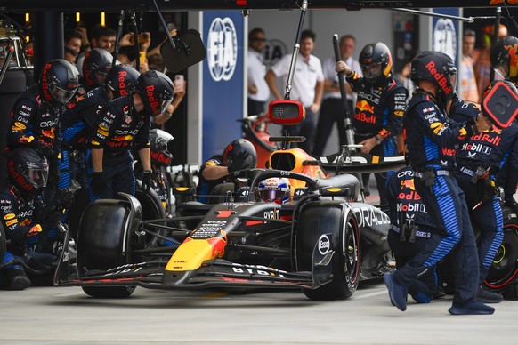 Red Bull driver Max Verstappen of the Netherlands gets a pit service during the Formula One Italian Grand Prix race at the Monza racetrack, in Monza, Italy, Sunday, Sept. 1, 2024. ({byline}/Pool Photo ...