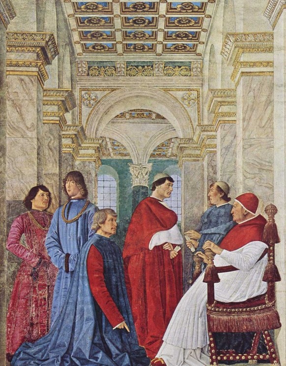 Platinà kniend vor Papst Sixtus IV. Das Gemälde wurde von Melozzo da Forlì um 1477 erschaffen.
https://commons.wikimedia.org/wiki/File:Melozzo_da_Forl%C3%AC_001.jpg
