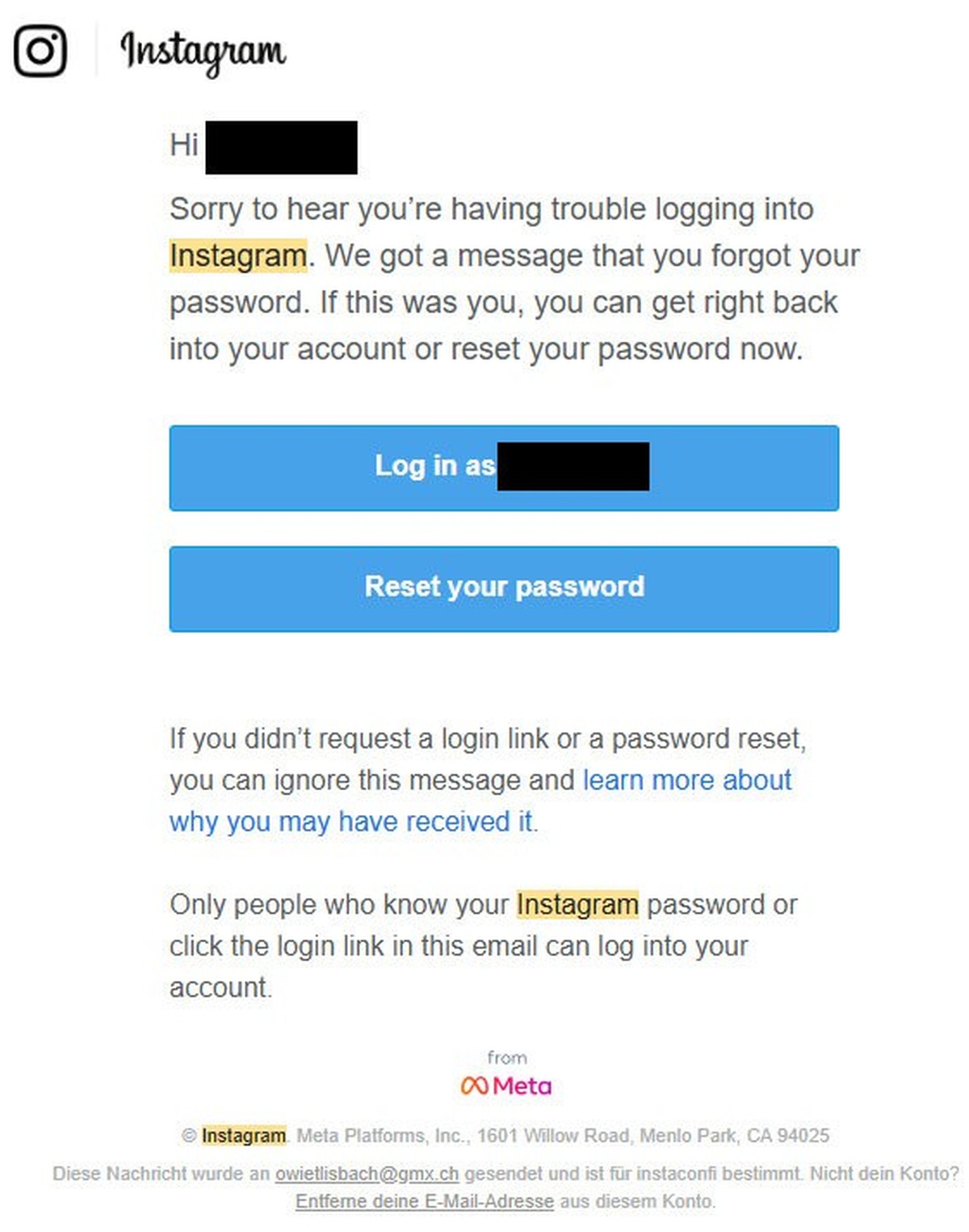 Les utilisateurs d’Instagram peuvent ignorer cet e-mail s’ils ne sont pas à l’origine de la demande.