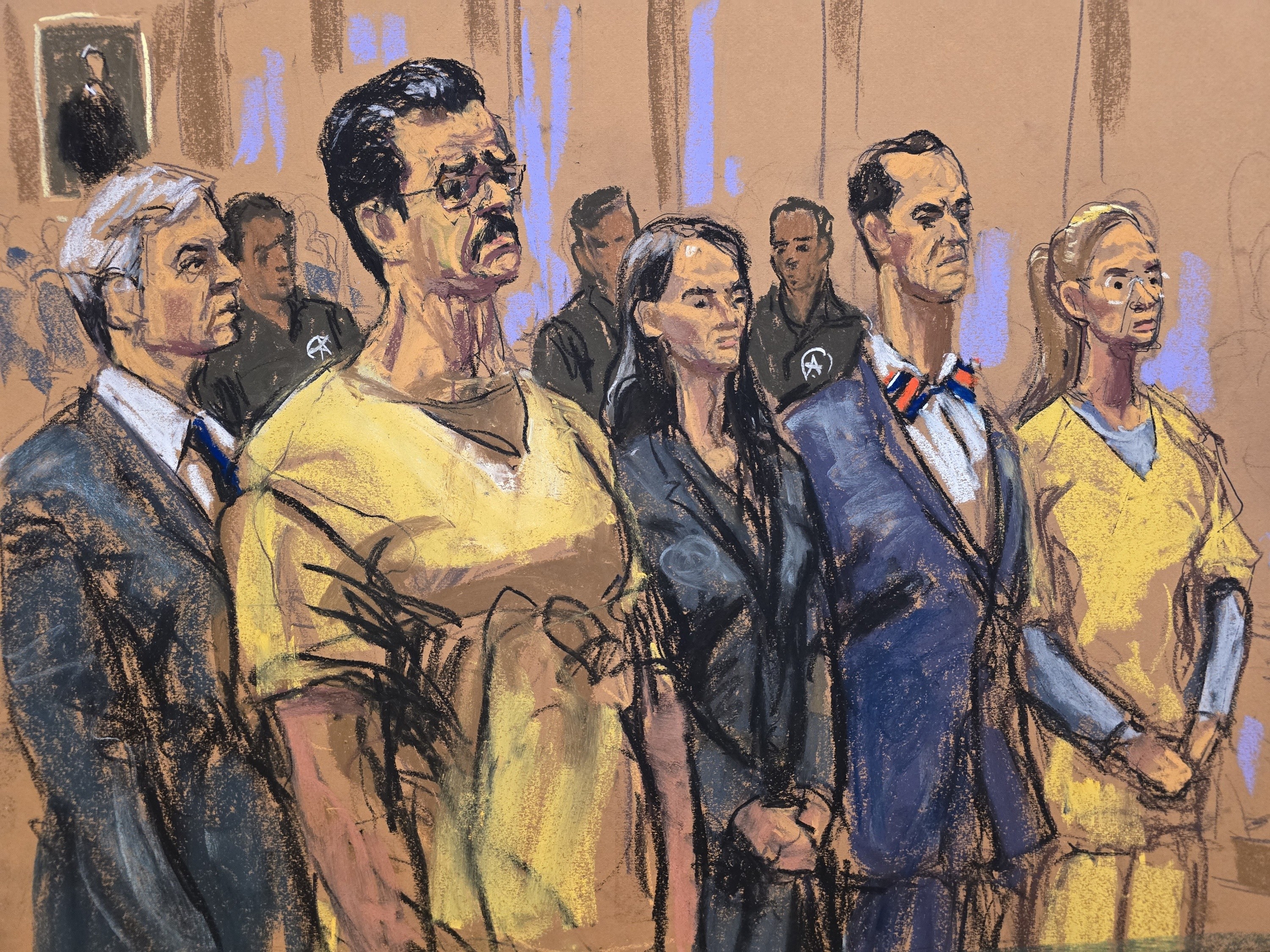 In this courtroom sketch, lawyer Barry Pollack, former Venezuela President Nicholas Maduro, attorneys Anna Estevao and Mark Donnelly, and Maduro's wife, Cilia Flores, stand during a pretrial hear ...