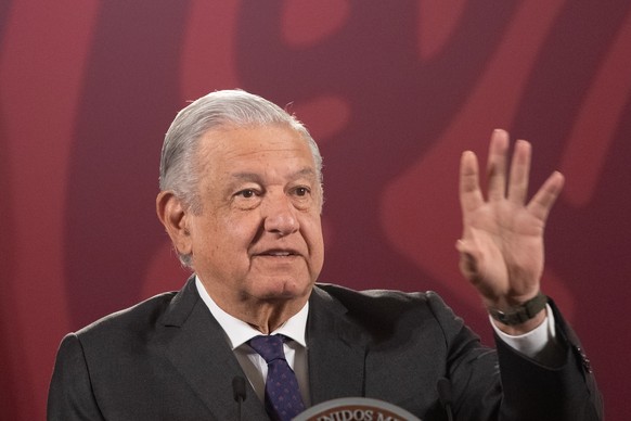 epa09829224 President of Mexico Andres Manuel Lopez Obrador offers a morning press conference, at the National Palace in Mexico City, Mexico, 16 March 2022. The Government of Mexico denied the reports ...