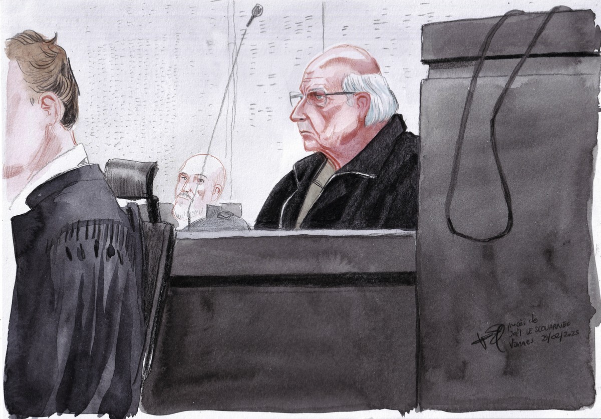 This courtroom sketch by Valentin Pasquier shows Joel Le Scouarnec, now 74, sitting in courtroom and accused of raping or abusing 299 people, mostly child patients, at the Vannes courthouse, western F ...