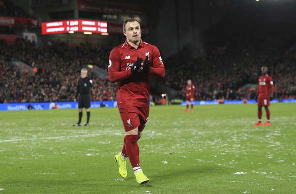 Liverpool midfielder Xherdan Shaqiri applauds spectators during the English Premier League soccer match between Liverpool and Leicester City, at Anfield Stadium, Liverpool, England, Wednesday, Jan.29, ...