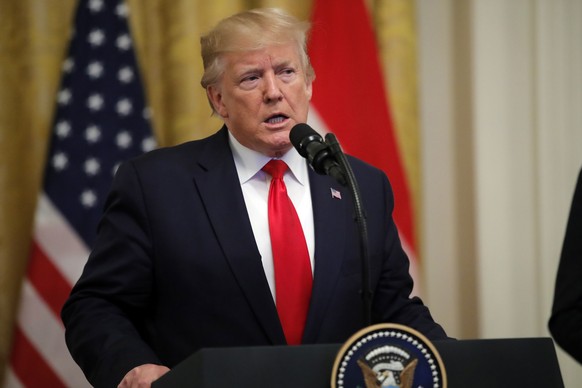 President Donald Trump speaks during a ceremony where Dutch Prime Minister Mark Rutte will present a 48-star flag flown on a U.S. Naval vessel during the D-Day invasion, in the East Room of the White  ...