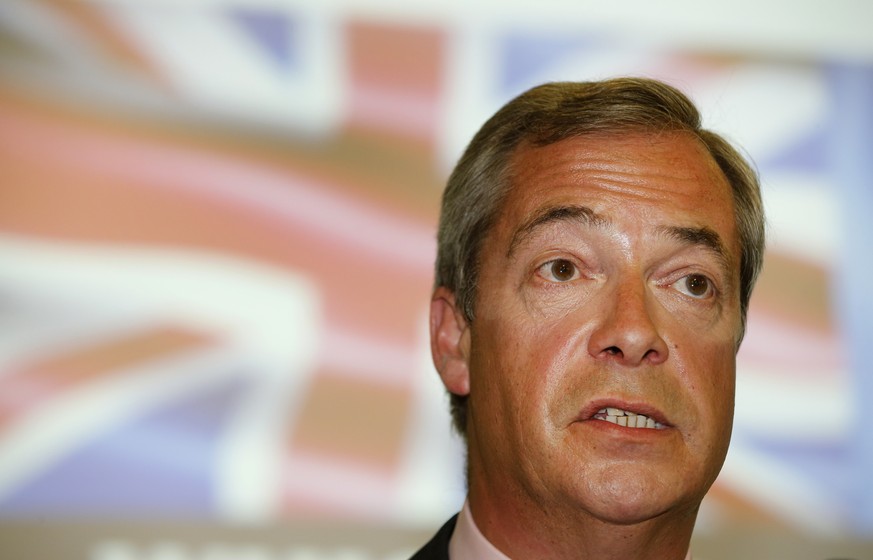 FILE - In this June 22, 2016 file picture Nigel Farage of UKIP makes a speech in London,. The refugee crisis and the threat of terrorism in Europe are very much related to one another in the minds of  ...