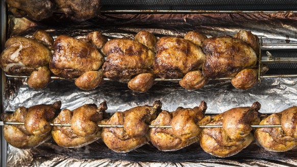 In the village center of Kerzers, Switzerland, grilled foods and chicken are on sale, pictured on February 26, 2014. Kerzers' main income is achieved with agricultural enterprises. (KEYSTONE/Chri ...