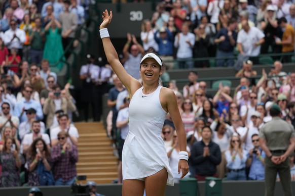 Britain&#039;s Emma Raducanu celebrates winning the women&#039;s singles third round match against Romania&#039;s Sorana Cirstea on day six of the Wimbledon Tennis Championships in London, Saturday Ju ...