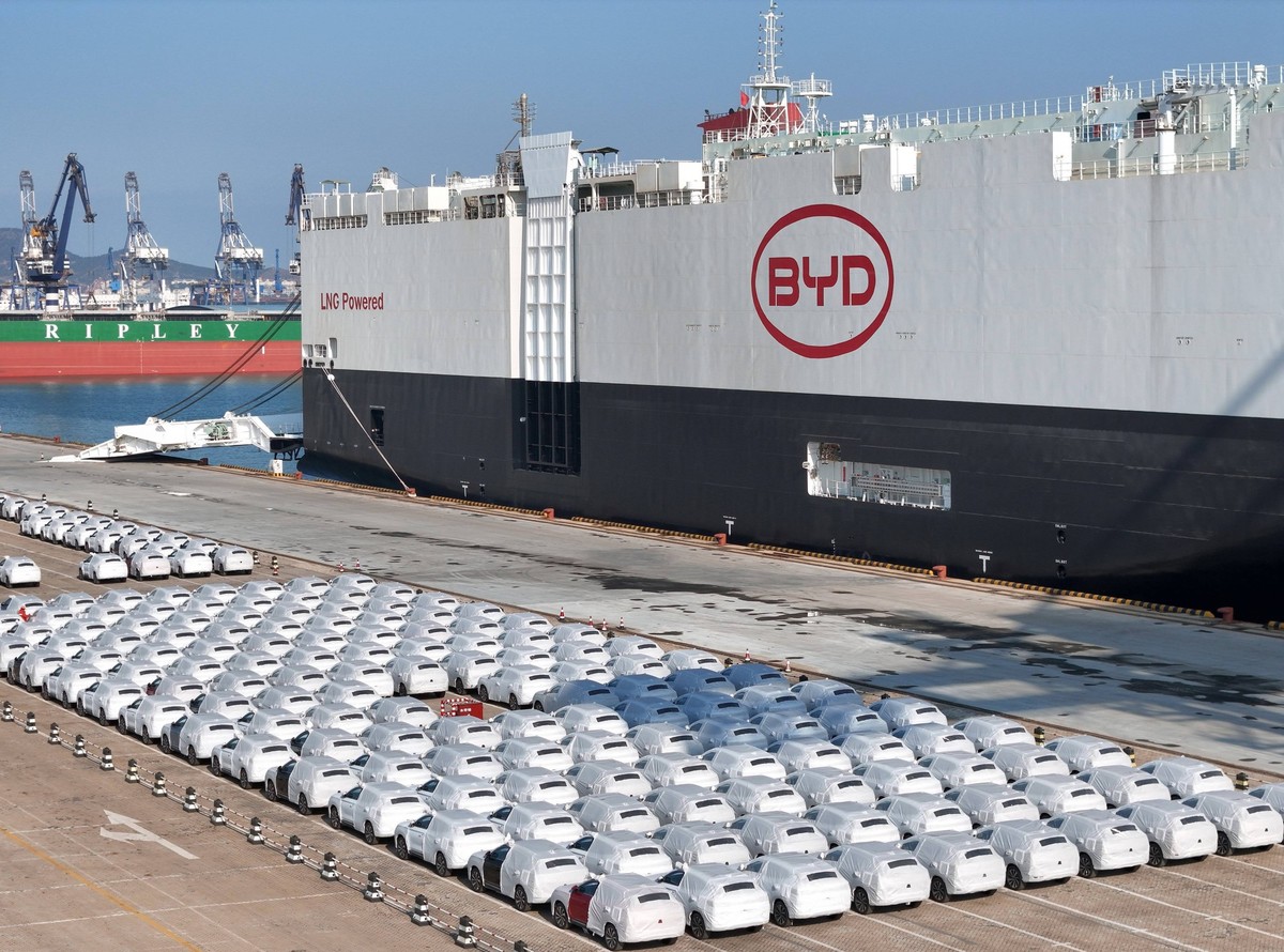 BYD Explorer No. 1 Car Carrier The BYD Explorer No. 1 car carrier is being loaded with new energy vehicles for export at the port of Yantai, Shandong Province, China, on January 10, 2024. Yantai Shand ...