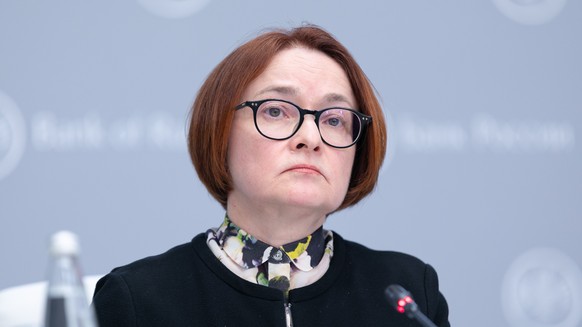 epa09916979 A handout photo made available by the press service of the Central Bank of the Russian Federation (Bank of Russia) shows Bank of Russia Governor Elvira Nabiullina attending a press meeting…