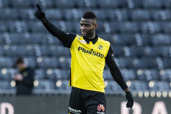 YBs Jean-Pierre Nsame feiert seinen Treffer zum 2-0 im Fussball Meisterschaftsspiel der Super League zwischen den Berner Young Boys und Servette FC, am Sonntag, 21. Februar 2021, im Stadion Wankdorf i ...