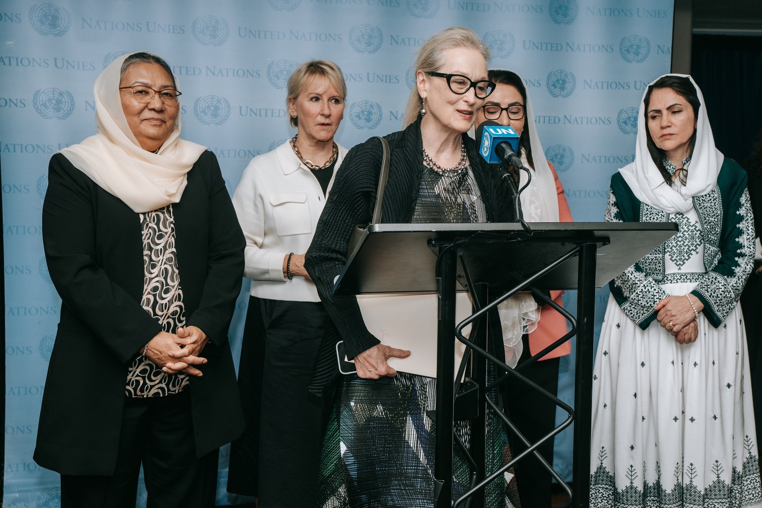 epa11621712 US actress Meryl Streep speaks alongside Former Deputy Speaker of Afghanistan&#039;s Parliament Fawzia Koofi, Former Director General of Human Rights and Women&#039;s International Affairs ...