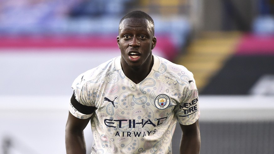 FILE - In this file photo dated Saturday, April 3, 2021, Manchester City&#039;s Benjamin Mendy during the English Premier League soccer match against Leicester City at the King Power Stadium in Leices ...