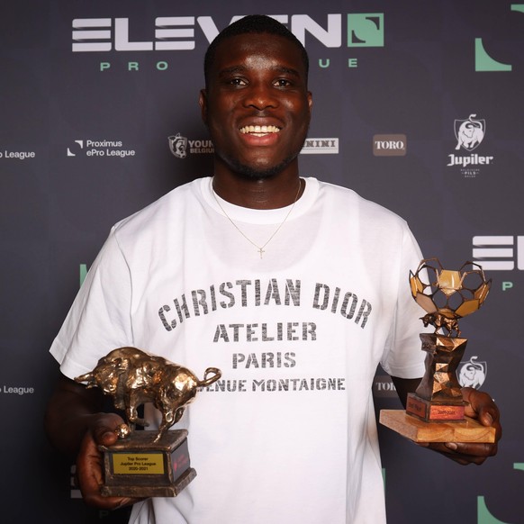 Pro League player of the year, Genk s Paul Onuachu poses with the trophy at the Pro League Awards 2021, for the best players in the 1st and 2nd 1b divisions of the Belgian soccer championships, Monday ...