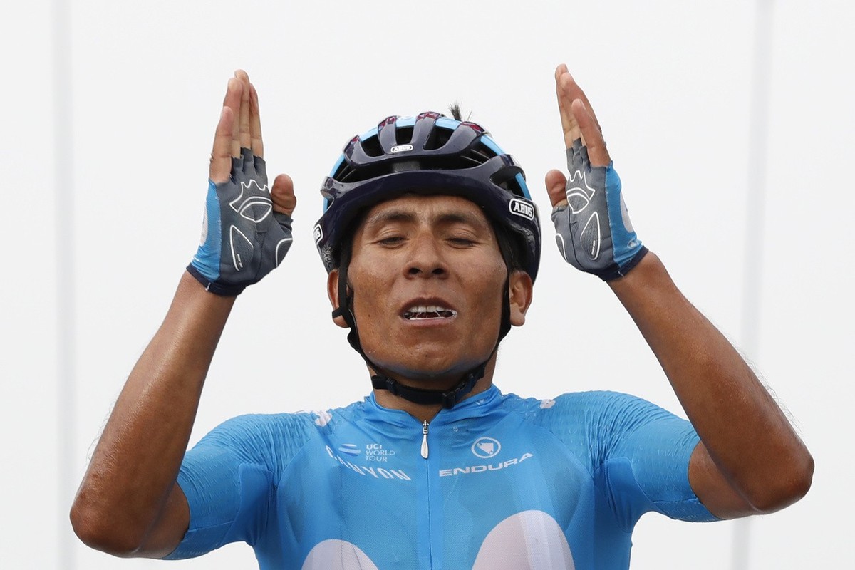 Colombia's Nairo Quintana celebrates as he crosses the finish line to win the seventeenth stage of the Tour de France cycling race over 65 kilometers (40.4 miles) with start in Bagneres-de-Luchon ...