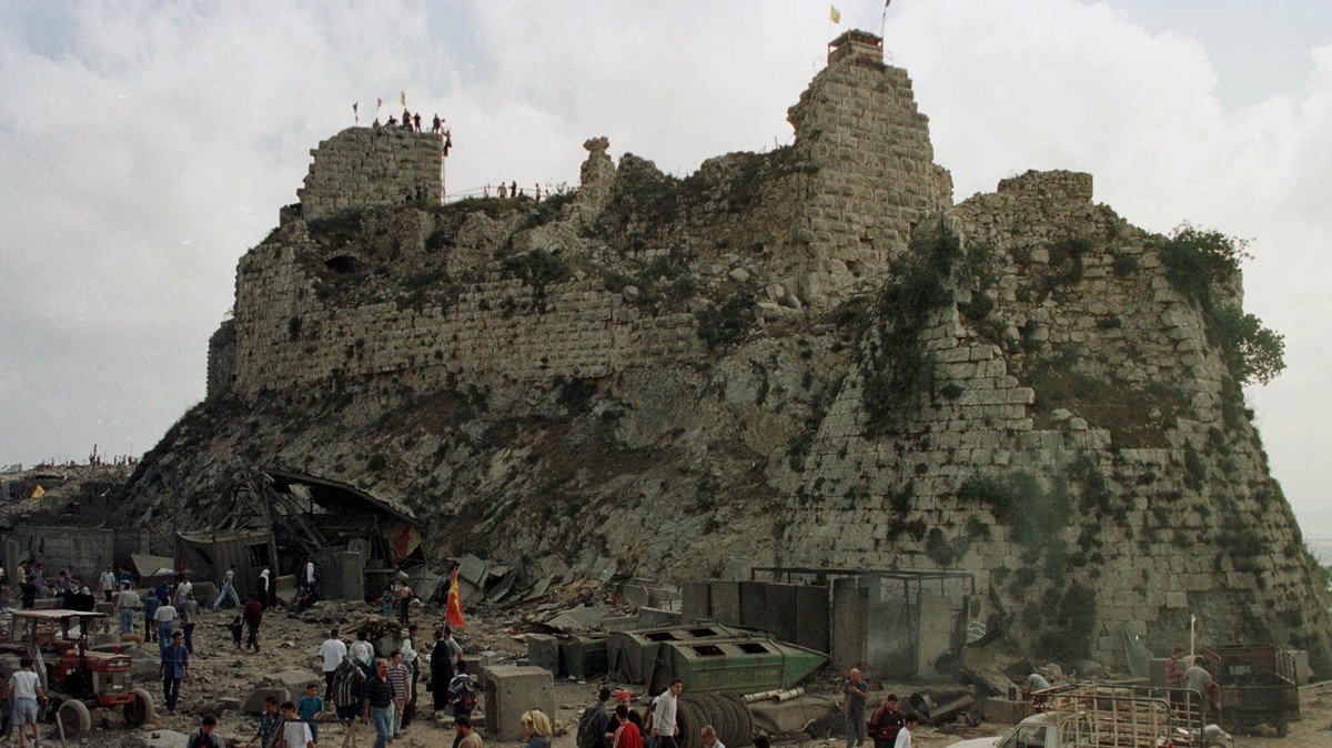FILE -Villagers inspect the damage to Beaufort Castle, 10 kilometers (6 miles) northwest of the southern market town of Nabatiyeh, Lebanon, Wednesday, May 24, 2000. (AP Photo/Ahmed Mantash, File)
Leba ...