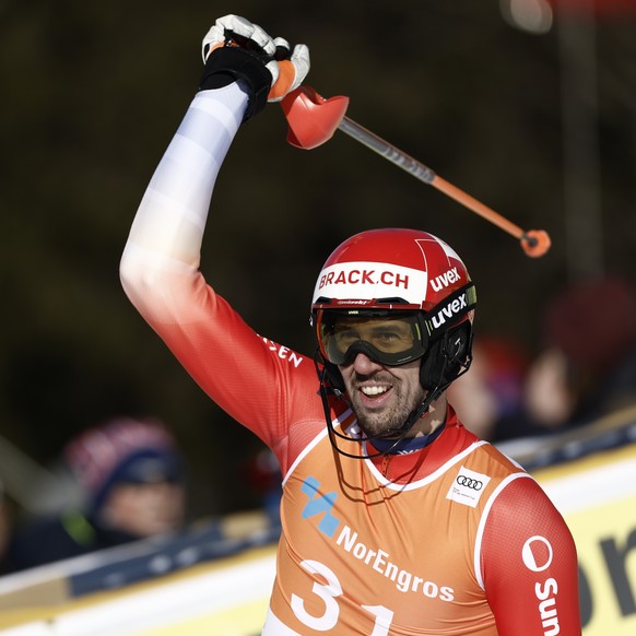 Switzerland&#039;s Ramon Zenhaeusern celebrates at the finish area of an alpine ski, men&#039;s World Cup slalom, in Hafjell, Norway, Sunday, March 16, 2025. (AP Photo/Gabriele Facciotti)
Norway Alpin ...