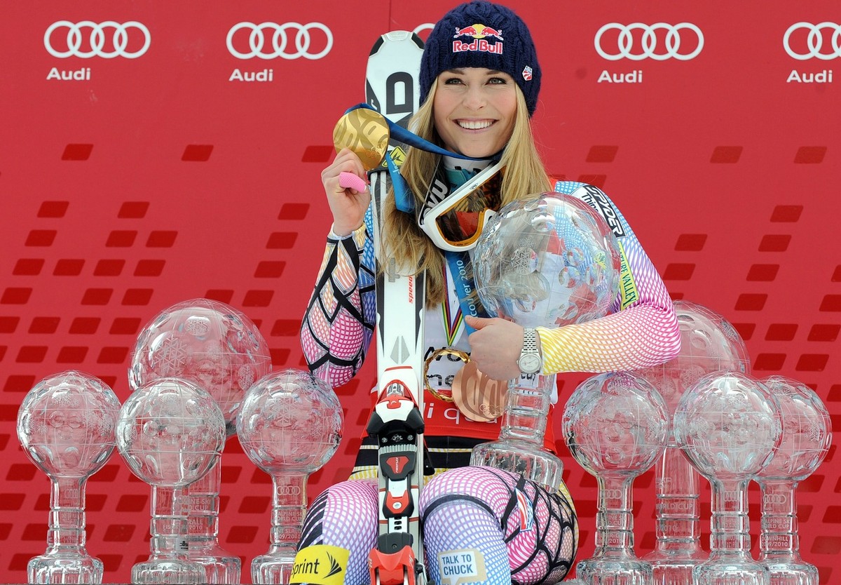 Lindsey Vonn of the United States poses with all the Olympic medals and Women's World Cup trophies she won in her career, in Garmisch-Partenkirchen, Germany, Saturday, March 13, 2010. (AP Photo/G ...
