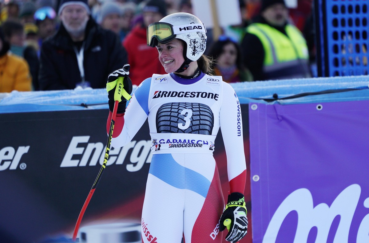 Switzerland's Corinne Suter reacts after competing at the finish area during an alpine ski, women's World Cup downhill, in Garmisch Partenkirchen, Germany, Sunday, Jan. 27, 2019. (AP Photo/G ...