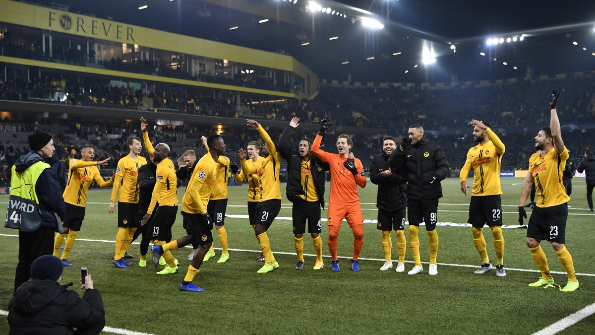 The Young Boys celebrate after winning the UEFA Champions League group stage group H matchday 6 soccer match between Switzerland's BSC Young Boys Bern and Italy's Juventus Football Club Turi ...
